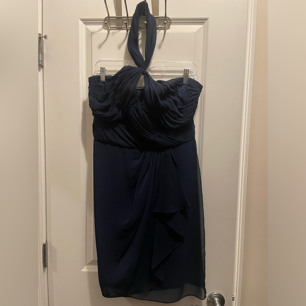 Badgley Mischka Navy Halter Draped Cocktail Dress